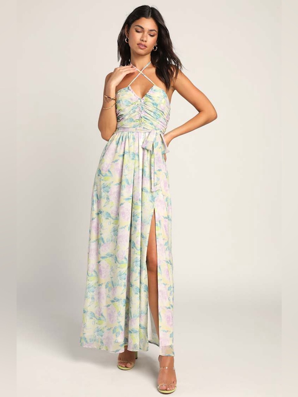 NWT Effortlessly Abloom Green Multi Floral Ruched Halter Maxi Dress Sz XS